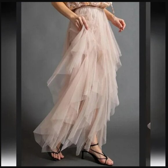 EASEL Fairy Tale Tiered Mesh Overlay Waterfall Lined Boho Maxi Ballerina Skirt - Picture 3 of 10